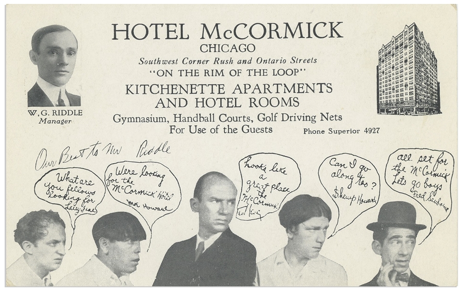 ''A Night in Venice'' Era Postcard, Circa 1929, Featuring Ted Healy With Moe, Larry, Shemp & Fred Sanborn -- 5.5'' x 3.5'' Postcard Promotes Hotel McCormick -- Abrasion to Verso, Else Near Fine
